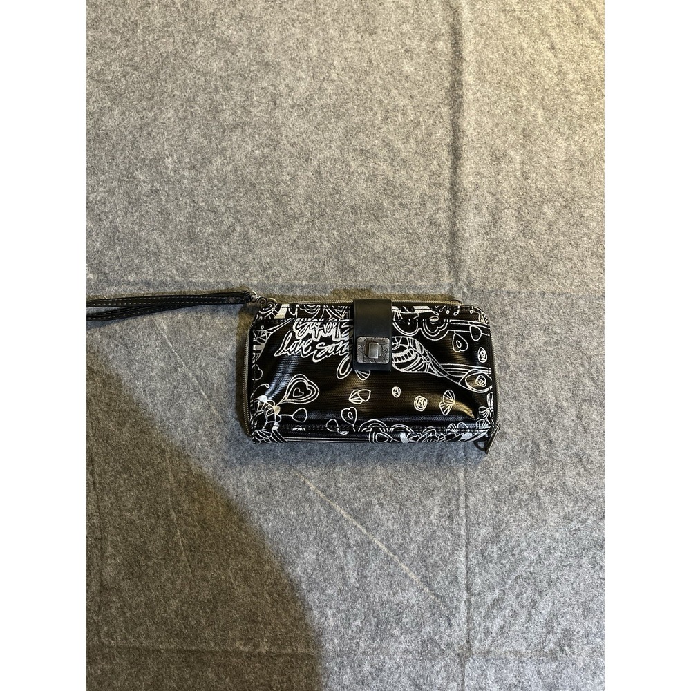 Sakroots Wristlet Clutch Zip Around Wallet Black & Silver Love Song
